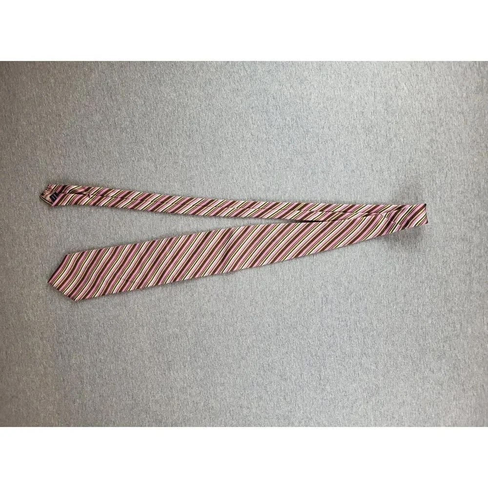 TED BAKER LONDON Pink‎ Lime White Diagonal stripe Silk USA Handmade Necktie Tie